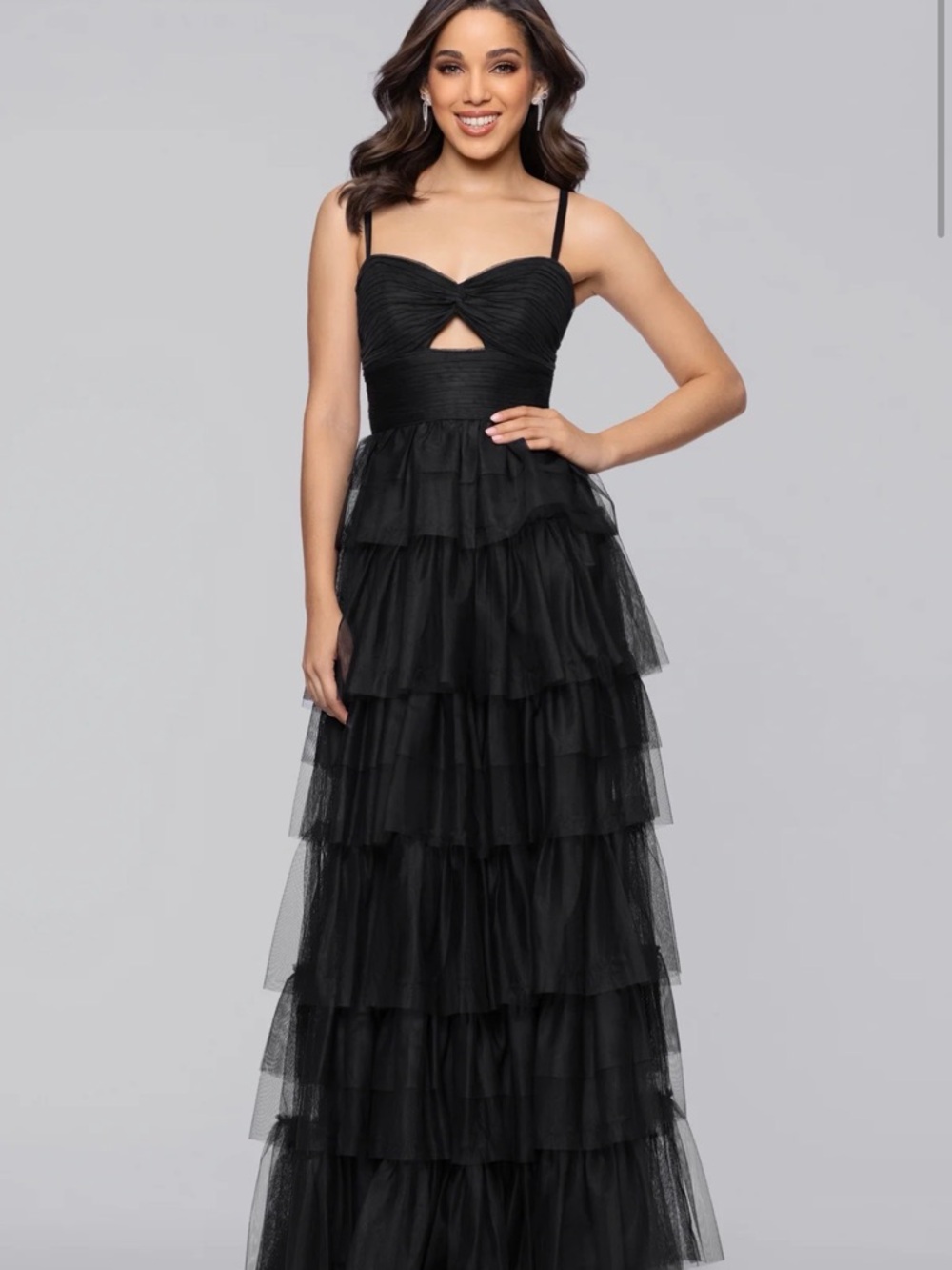 Blondie Nites Black Tiered Tulle Maxi Dress with Front Cutout